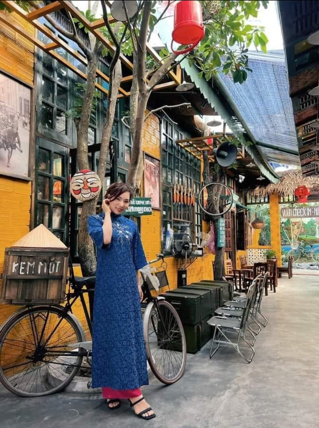 XuanLan Vietnamese aodai blue floral, pants included