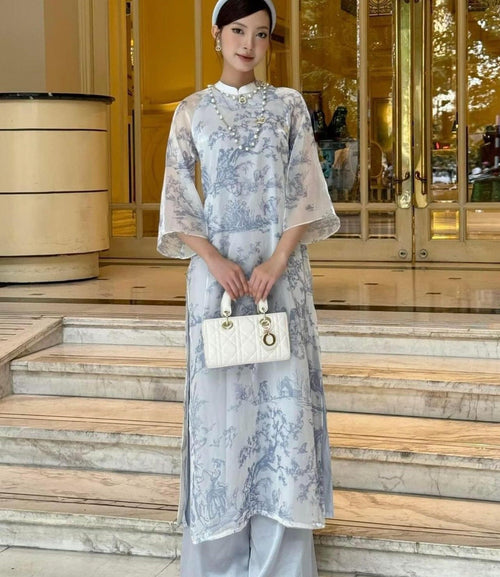 BLan Vietnamese aodai blue and pink, pants included