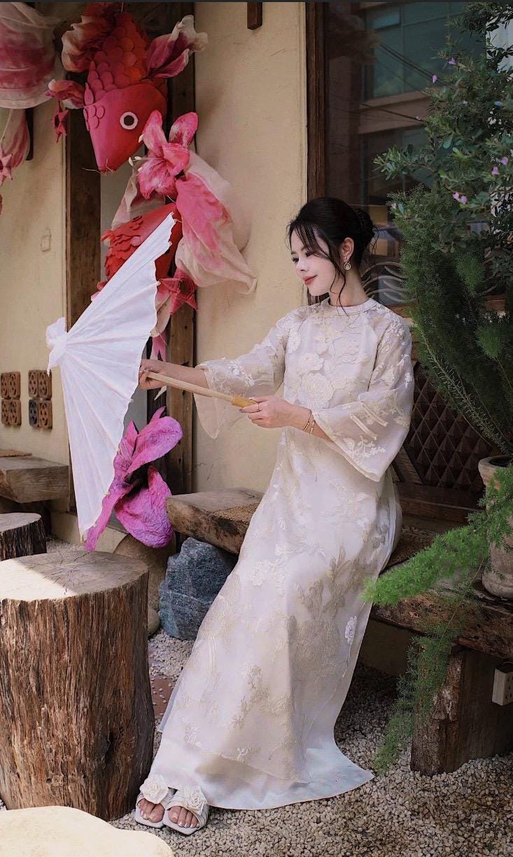 Vietnamese ao dai embroiled ThanhXuan beige aodai, pants included