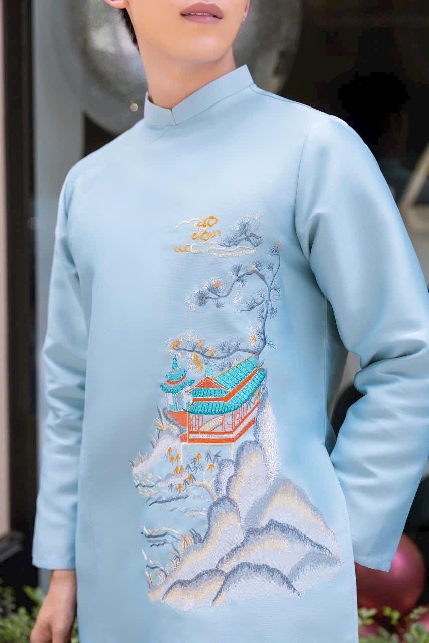 Temly Vietnamese aodai for men blue/ nude