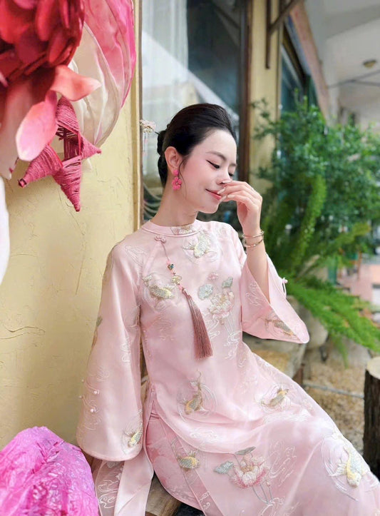 Vietnamese ao dai embroiled NguSen pink design aodai, pants included