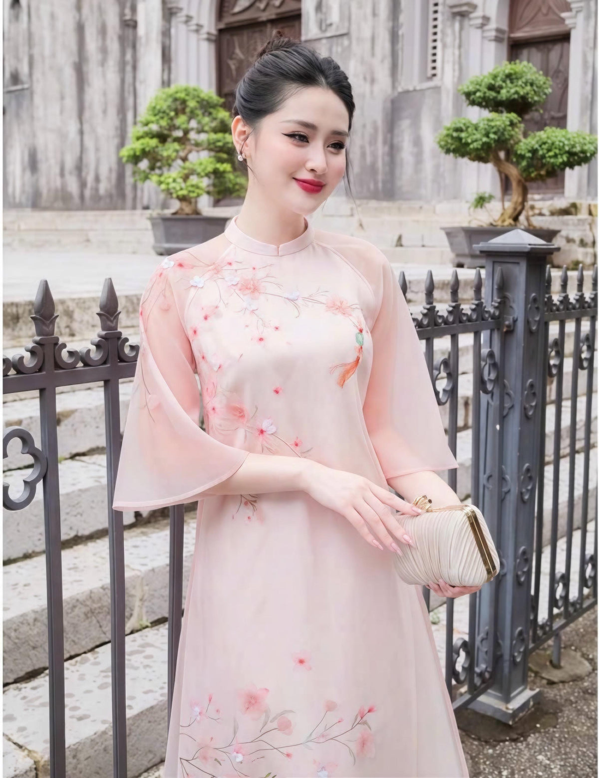 DieuHoa Vietnamese ao dai beaded pink, pants included