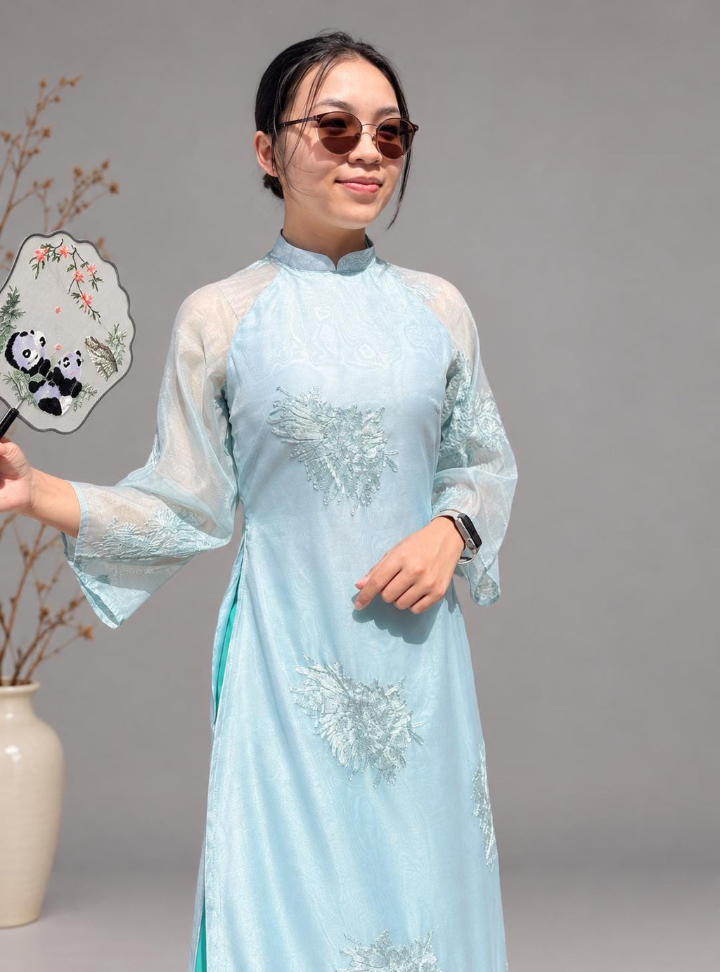 Vietnamese aodai Quynh double layers in turquoise, pants included
