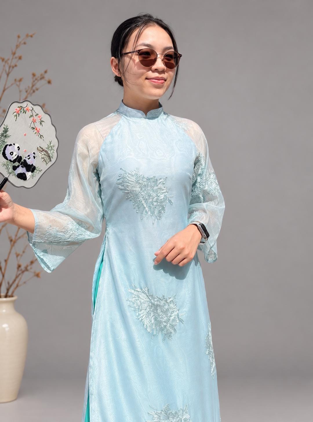 Vietnamese aodai Quynh double layers in turquoise, pants included