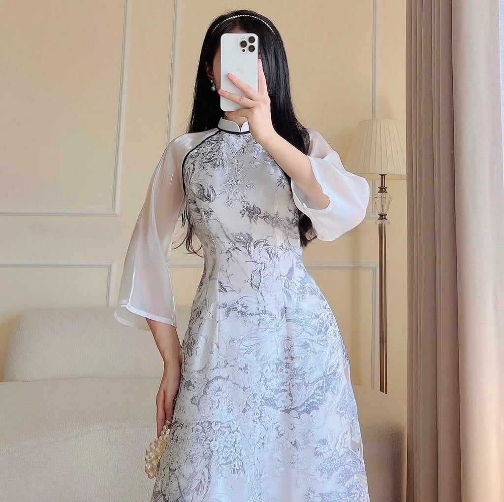 Vietnamese navy blue aodai floral, pants included