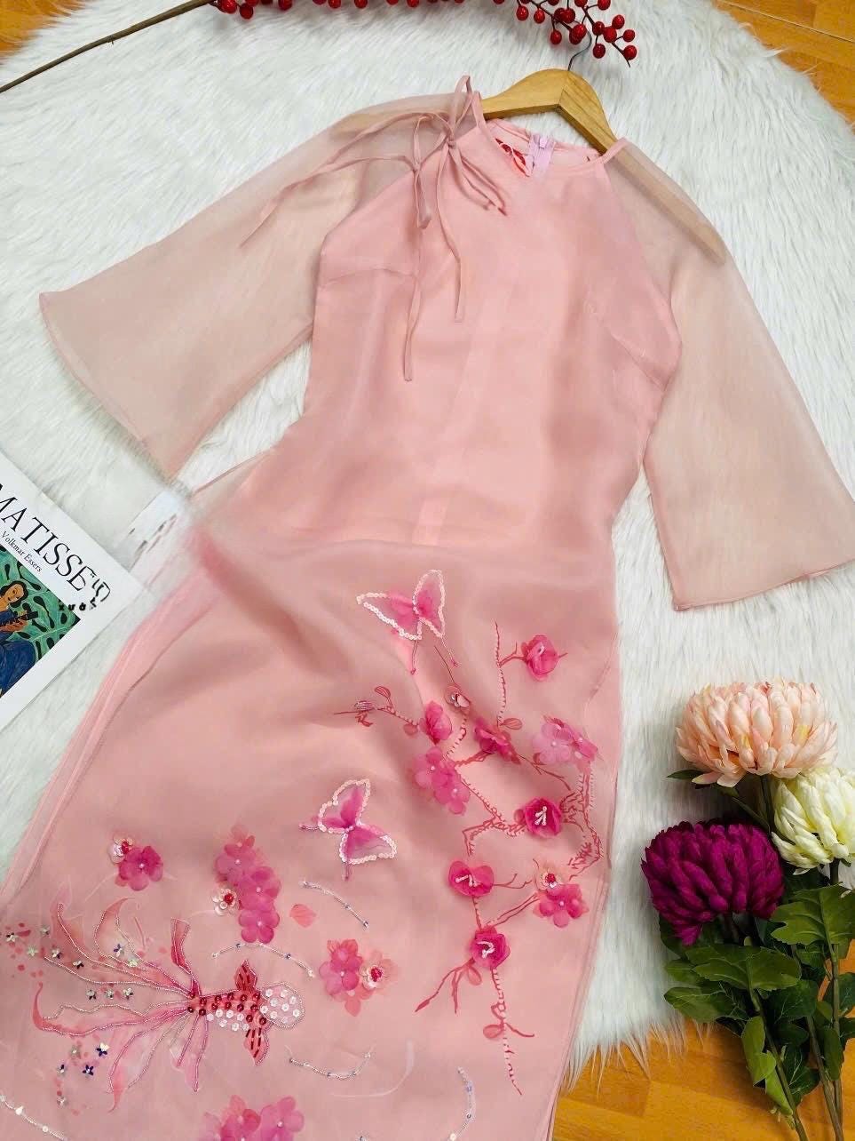 YenXuan Vietnamese ao dai butterfly beaded pink, pants included