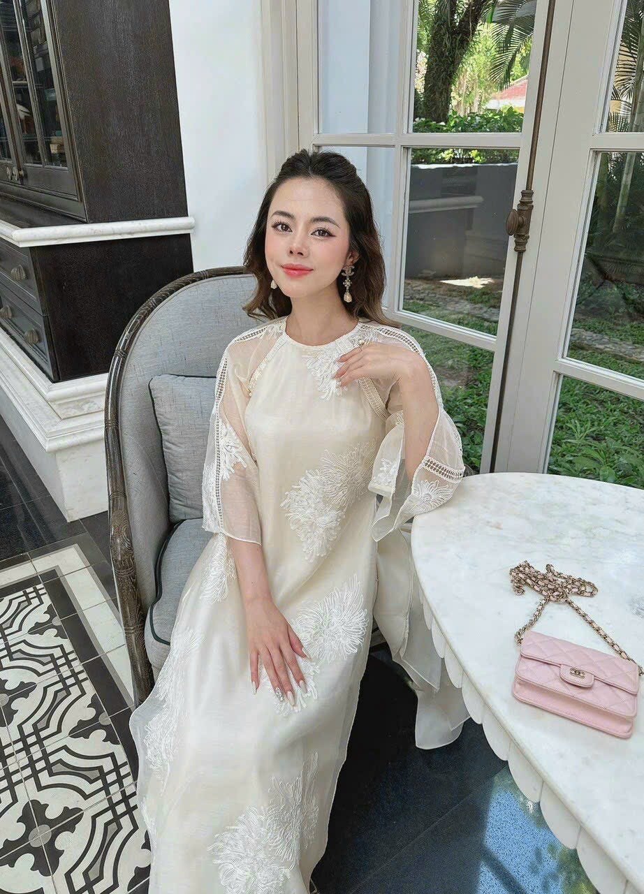 Vietnamese aodai QuynhDaren ivory cream, pants included