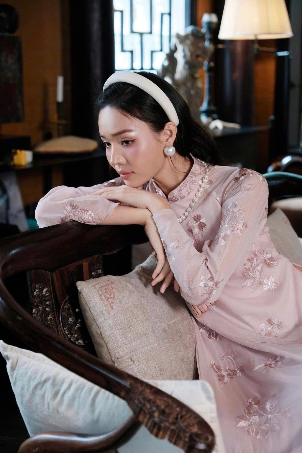 Vietnamese ao dai Havy embroidery pink aodai, pants included