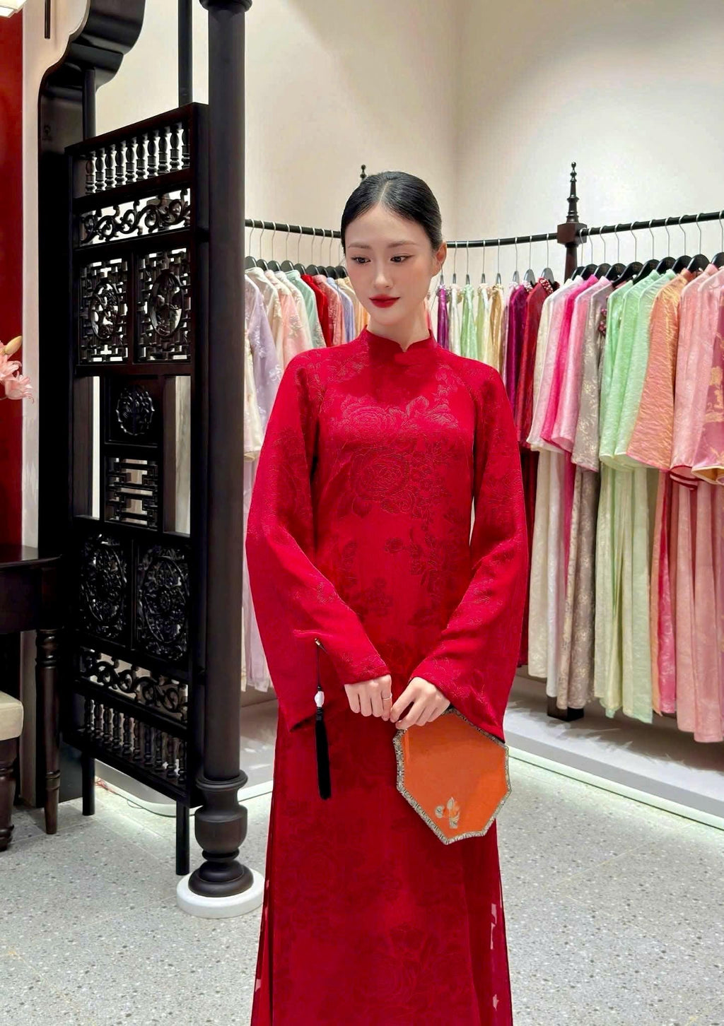 MocTra Vietnamese ao dai rose red or ivory, pants included