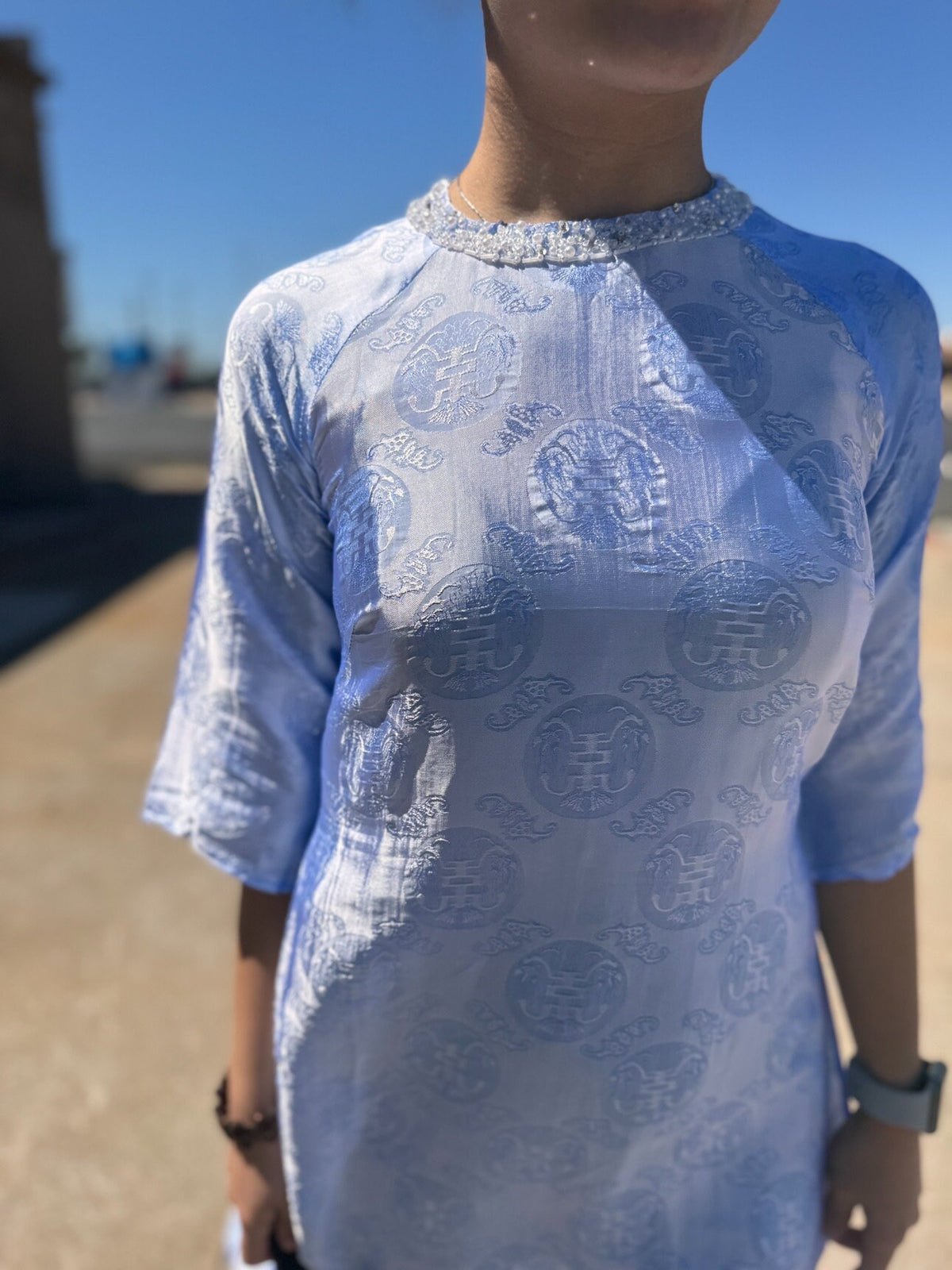 Vietnamese Aodai lụa tơ tằm Biec blue, luxury Mulberry silk ao dai, pants included