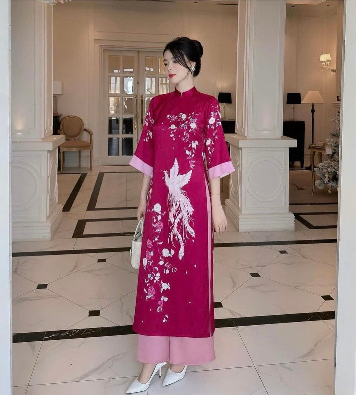 Vietnamese ao dai XuanHy dark pink loose style, pants included