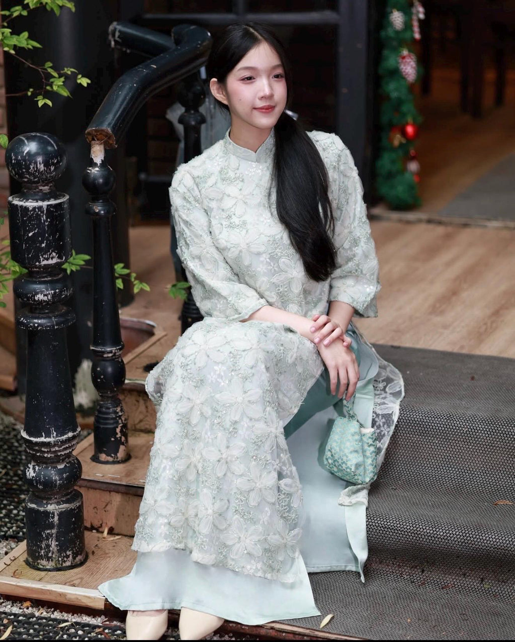 NhuHien Vietnamese aodai 3d floral in pink, creamy white or mint, pants included