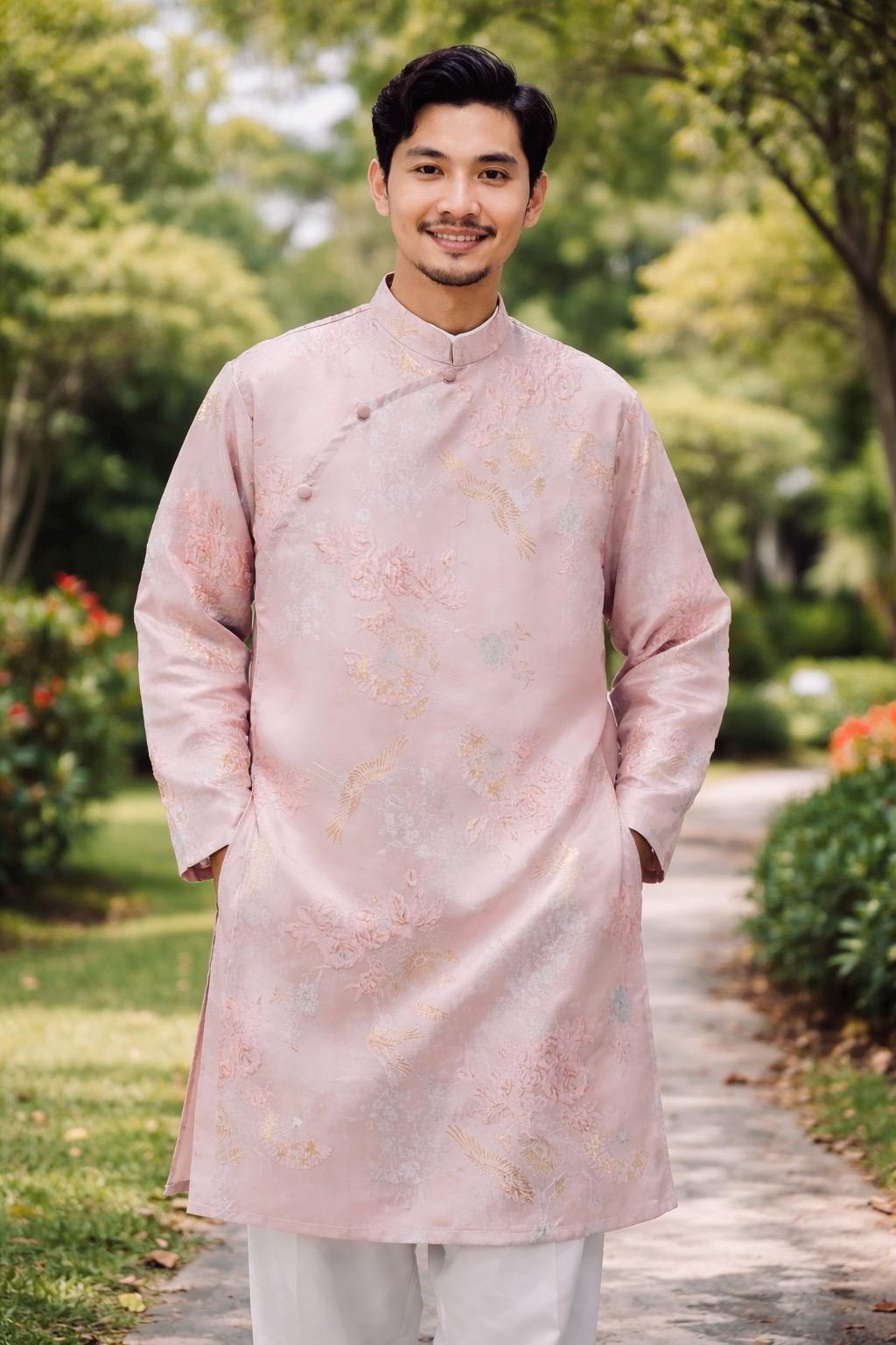 FanHac Vietnamese aodai for men pink mix w gold thread