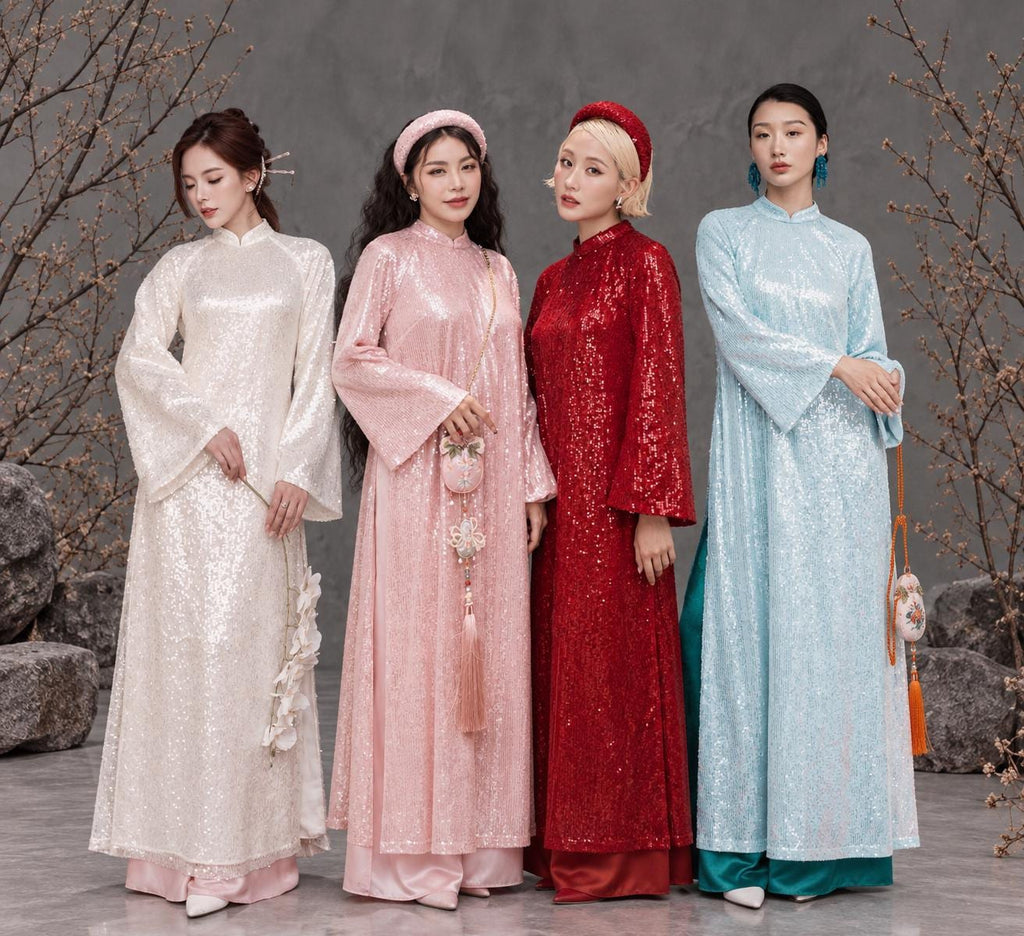 KimSa Vietnamese ao dai pure white/ red/ pink/ blue embroidery sequins silk aodai , pants included