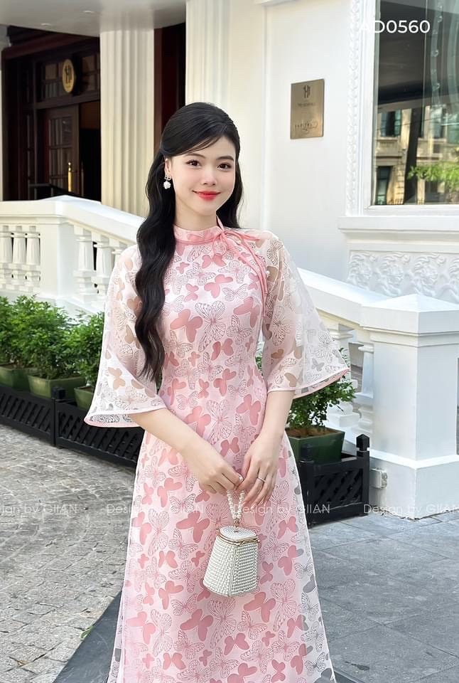 HoDiep Vietnamese aodai butterfly pink, pants included