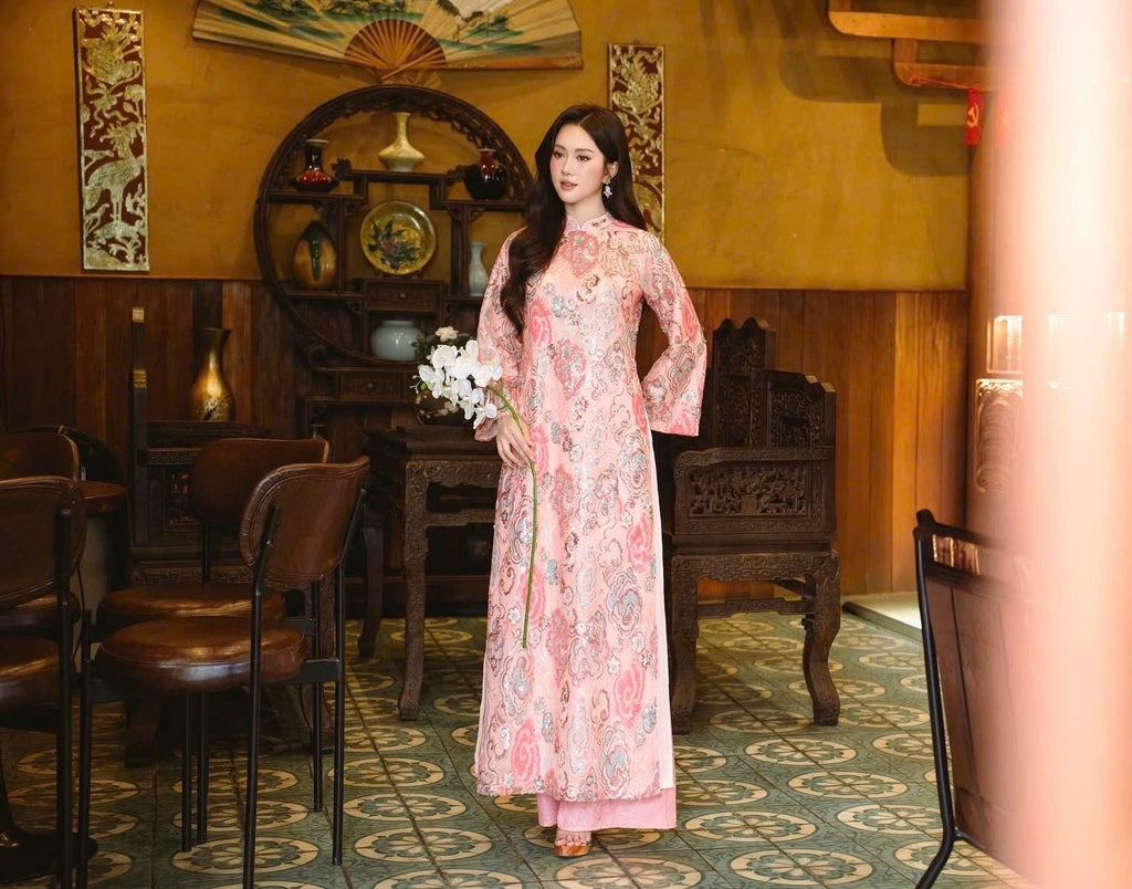 BacBling Vietnamese ao dai pink embroidery sequins, pants included