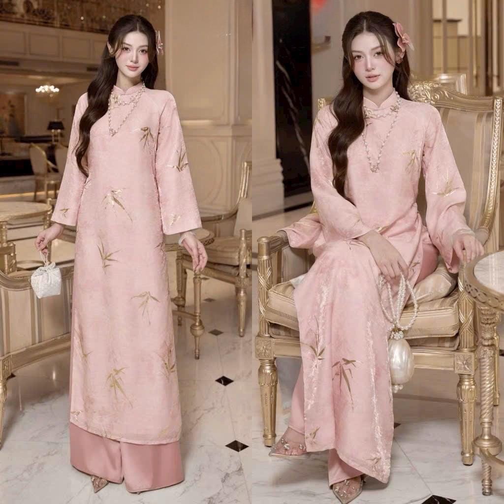 Vietnamese VanAn aodai pink LaTruc silk gold ao dai, pants included