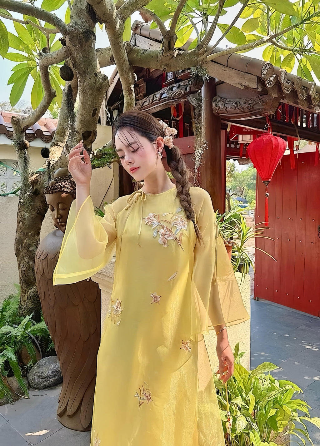 Vietnamese ao dai Linny embroidery yellow aodai , pants included