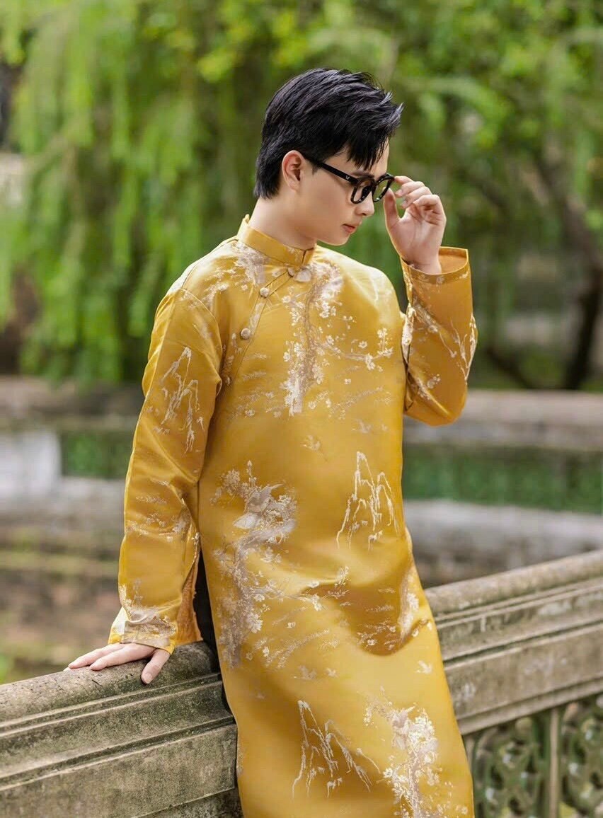 Vietnamese aodai for men yellow golden ao dai gam