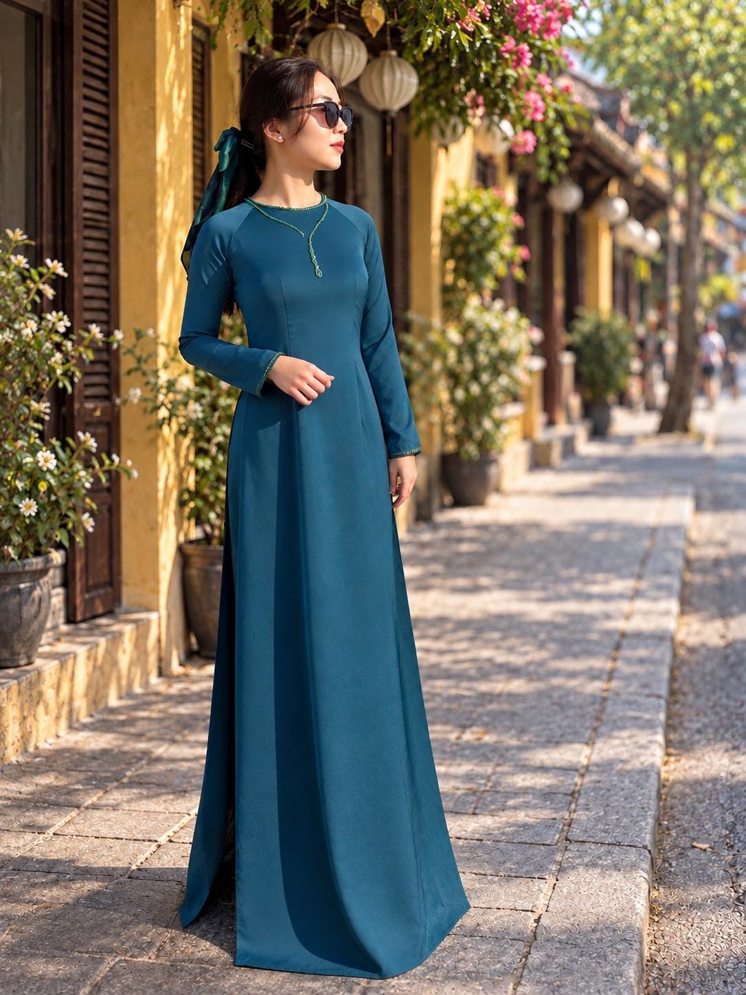 NgocTrai Vietnamese aodai teal green, pants included