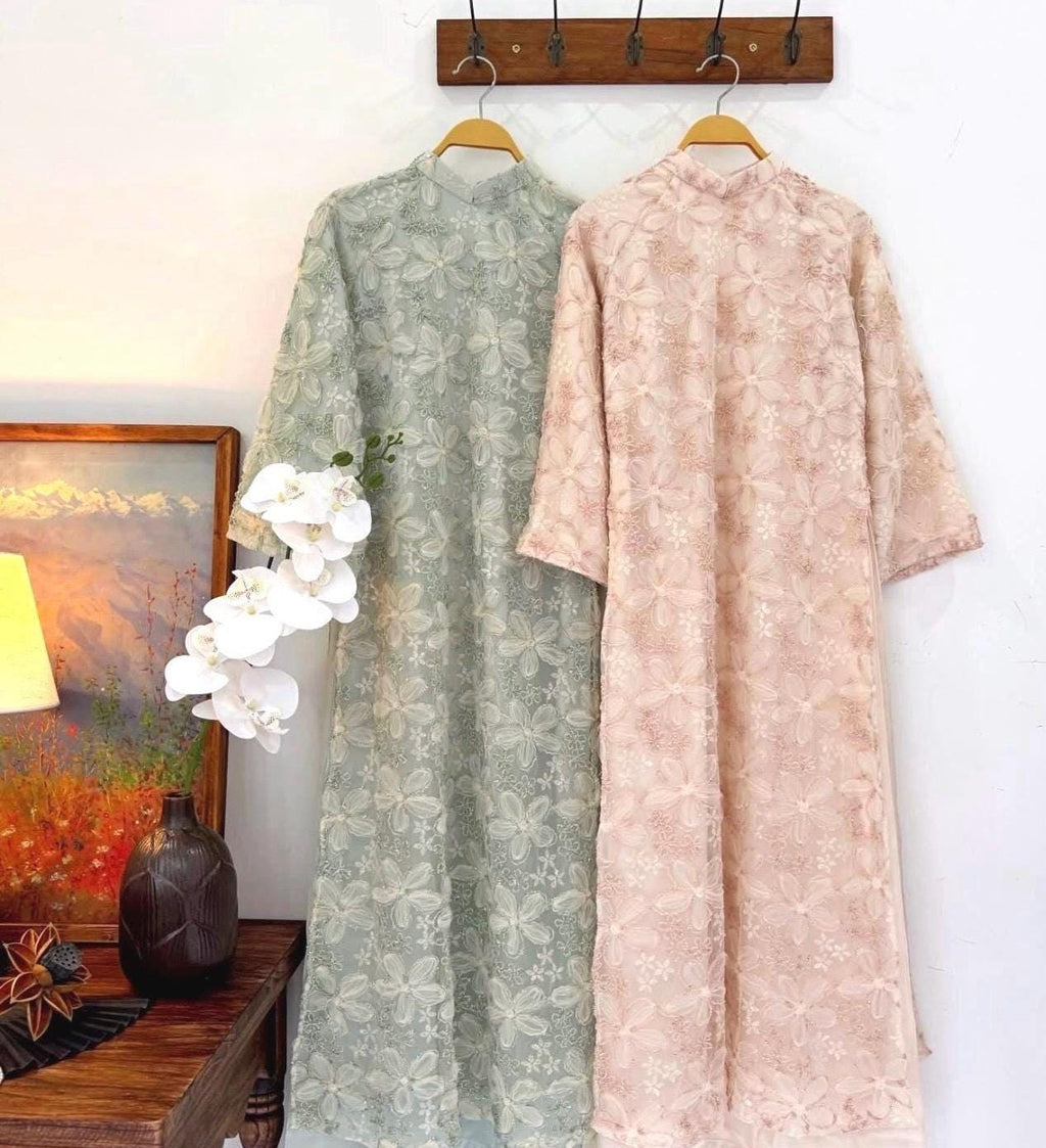NhuHien Vietnamese aodai 3d floral in pink, creamy white or mint, pants included
