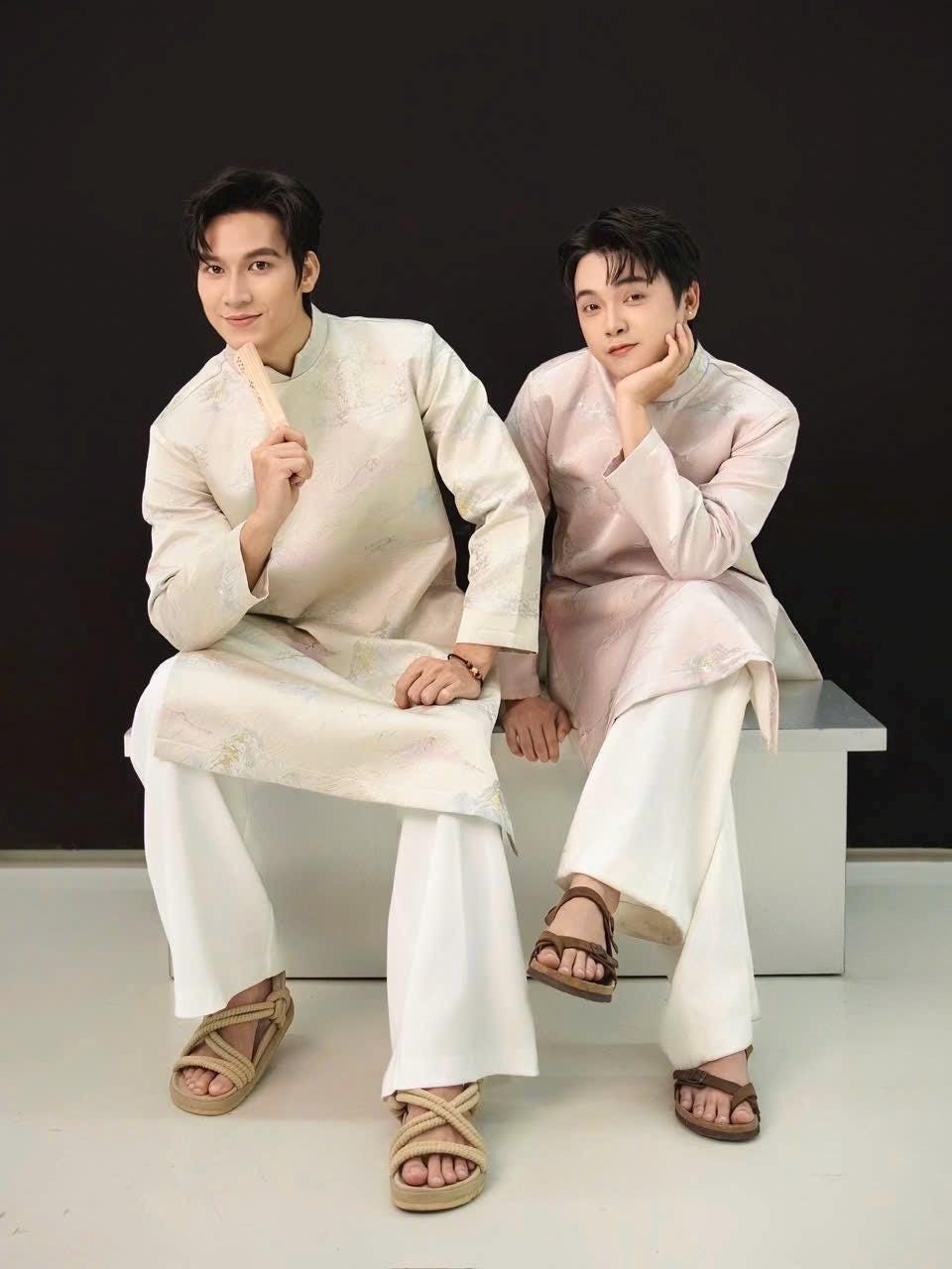 Vietnamese aodai for men Gam tafta VanMay ao dai light beige, light pink