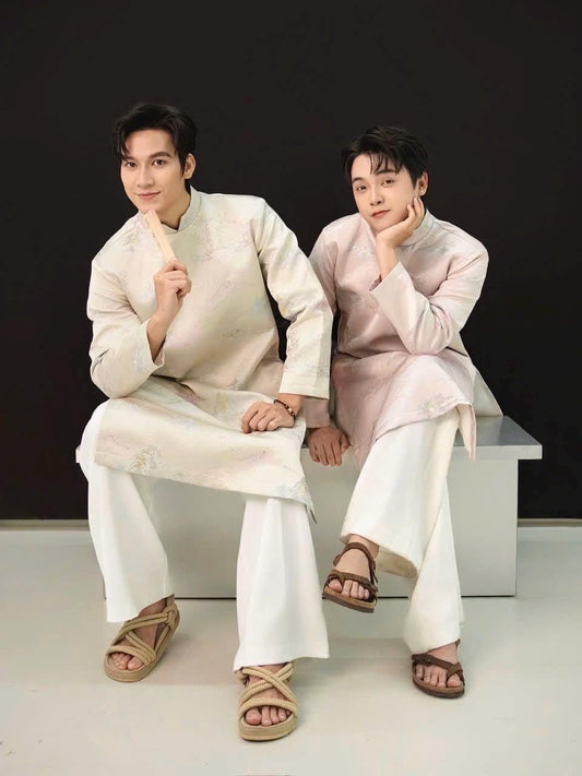 Vietnamese aodai for men Gam tafta VanMay ao dai light beige, light pink