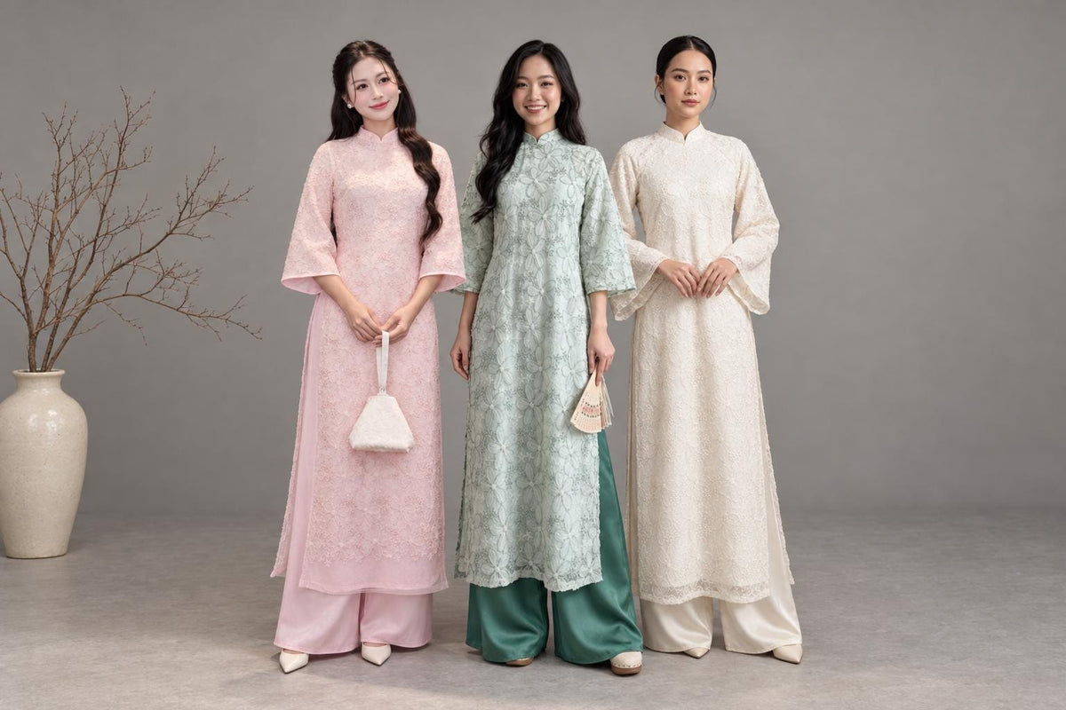 NhuHien Vietnamese aodai 3d floral in pink, creamy white or mint, pants included