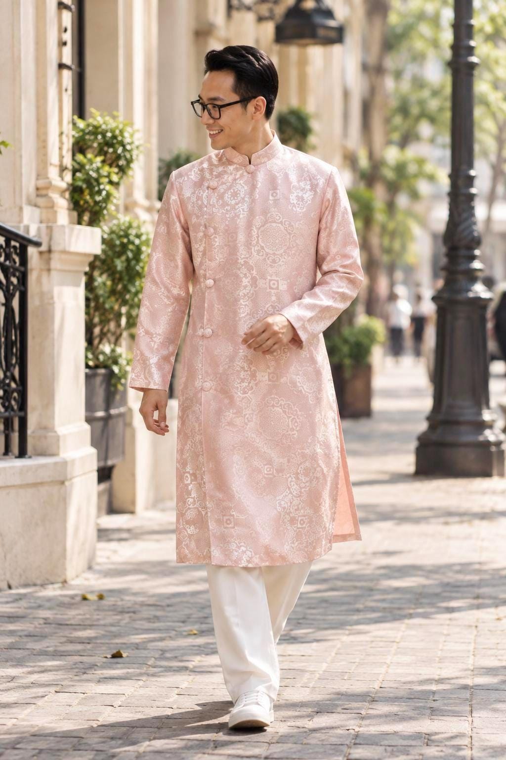 GamHoa Vietnamese aodai for men imprint ao dai pink, blue, green