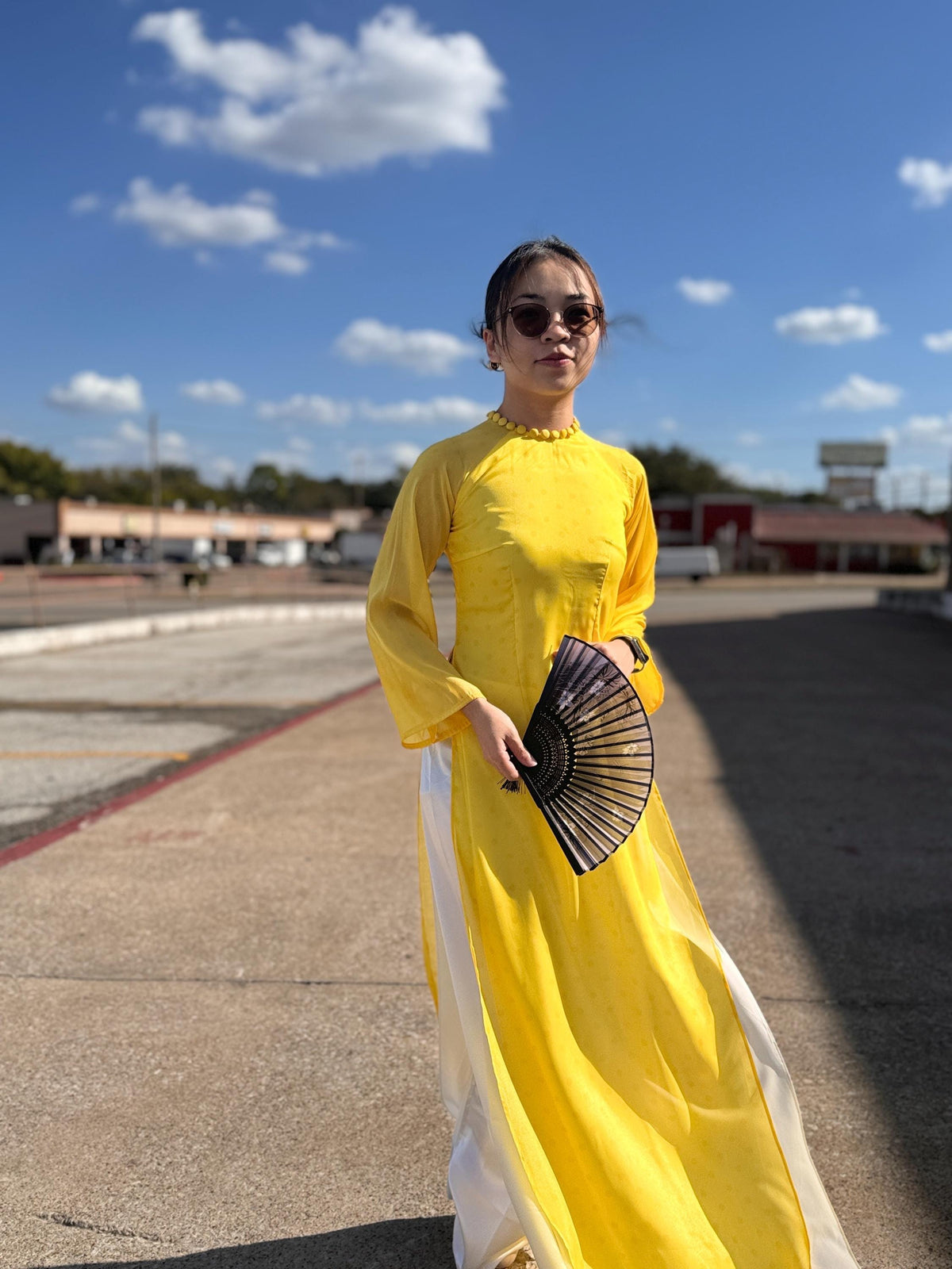 Vietnamese ao dai PolkaDot yellow, pants included