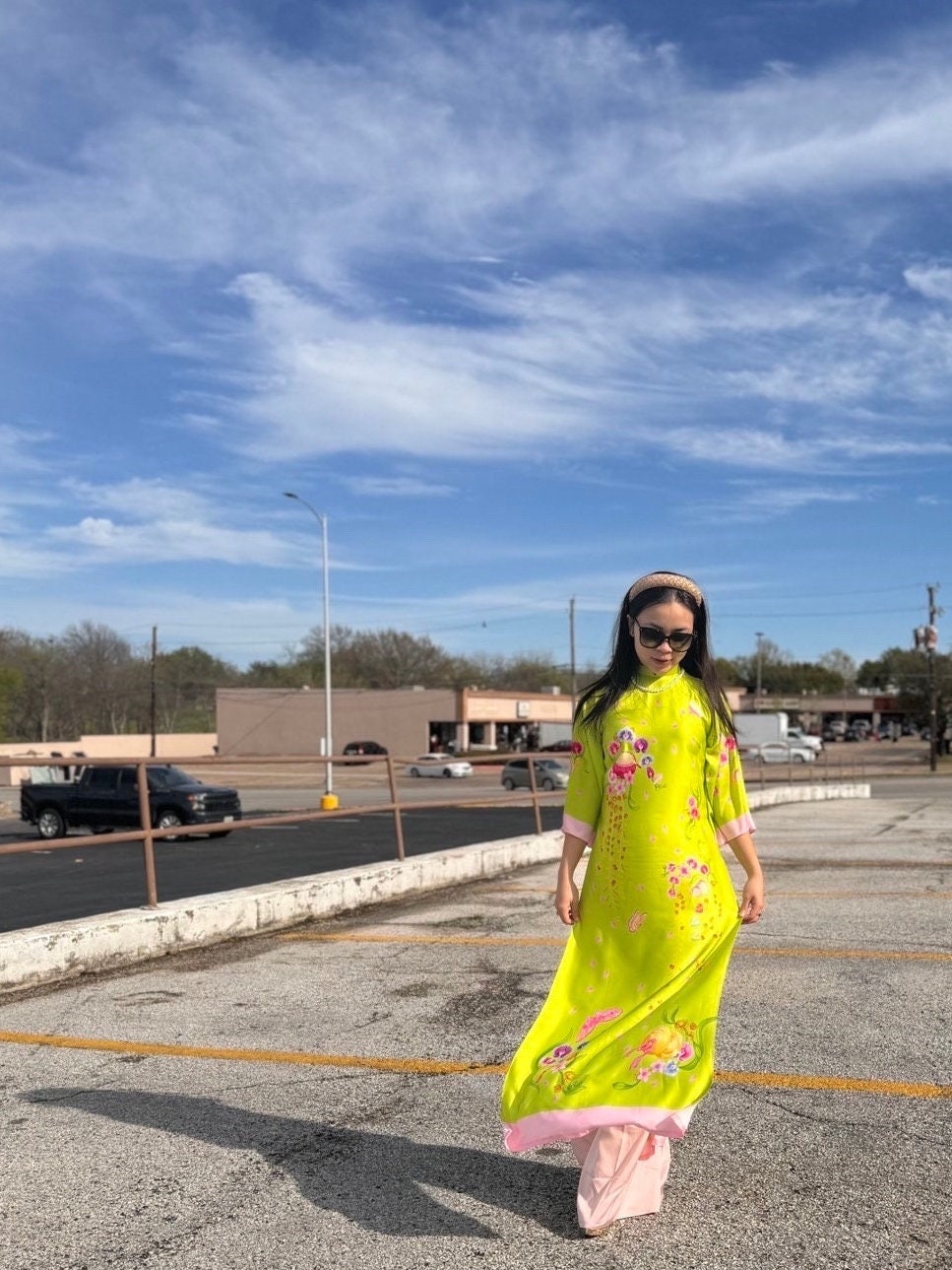 XuanChi Vietnamese ao dai yellow-green, pants included