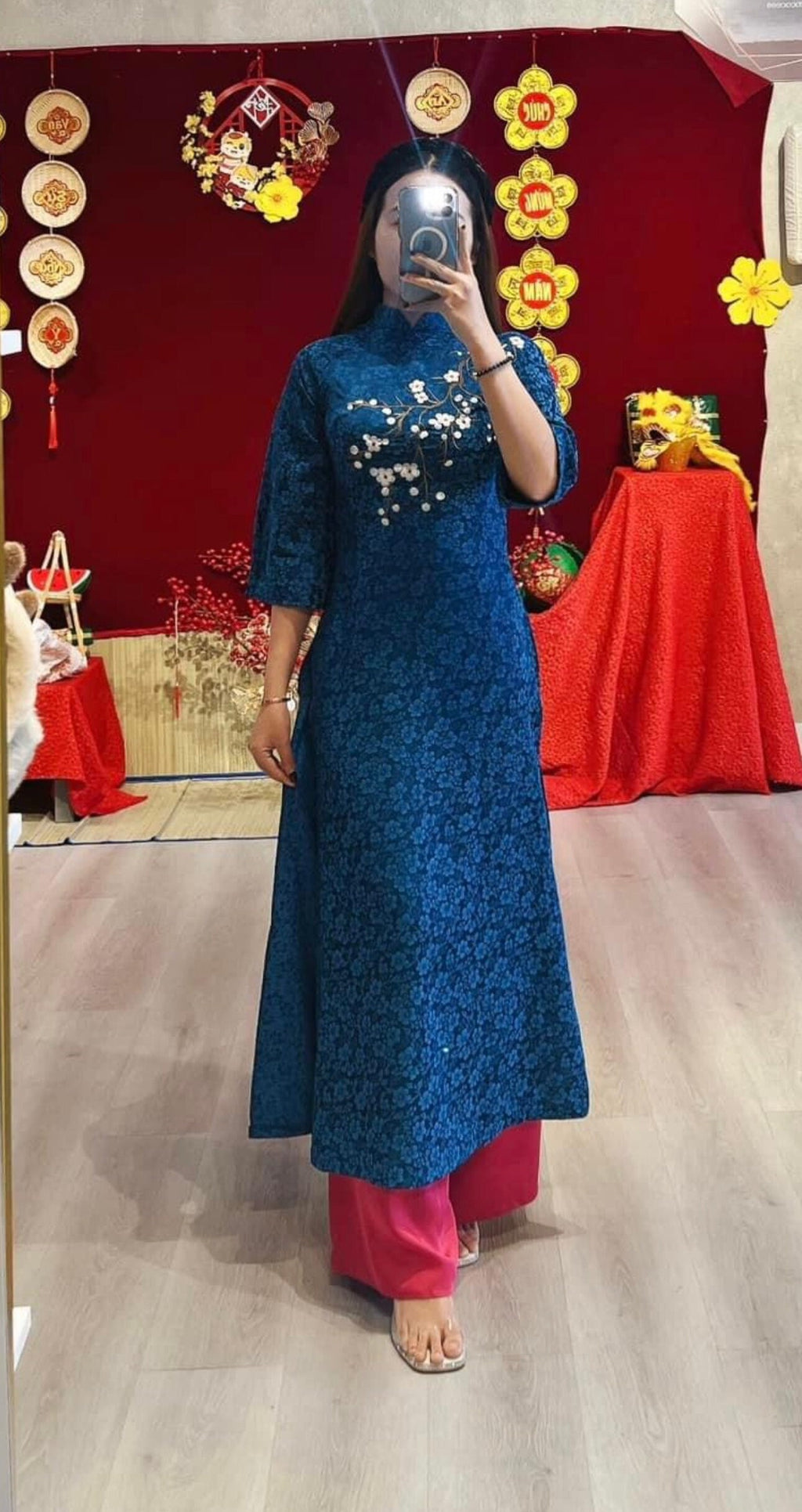 XuanLan Vietnamese aodai blue floral, pants included