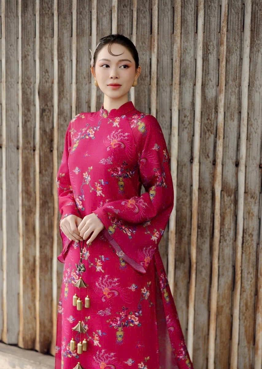Vietnamese ao dai Lilam fushia printed aodai, pants included