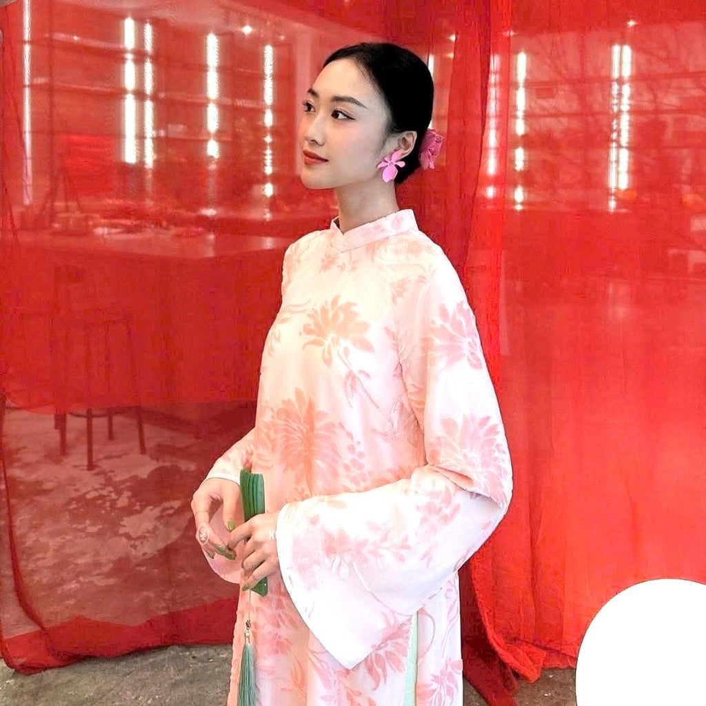 Vietnamese ao dai floral pink Velvet embossed aodai, pants included