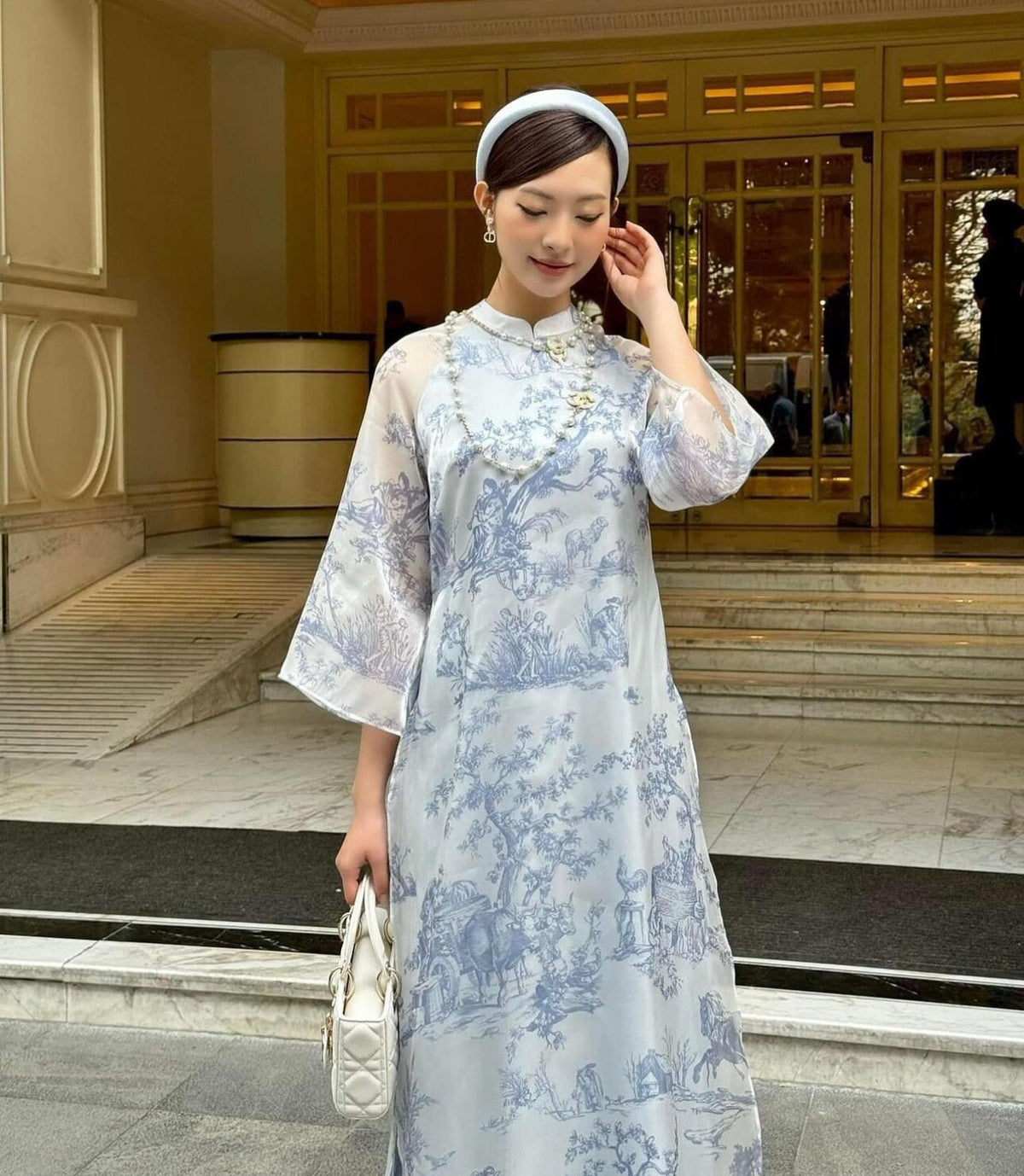BLan Vietnamese aodai blue and pink, pants included