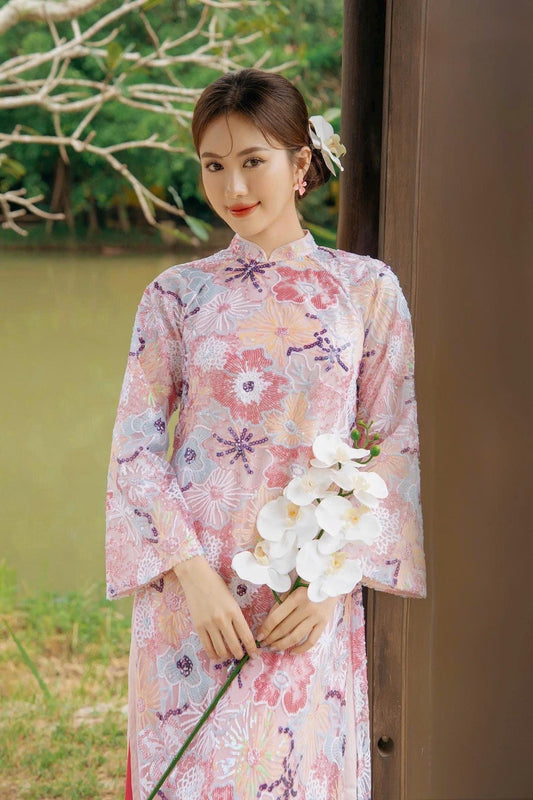 Katty Vietnamese ao dai embroidery pink sequins, pants included