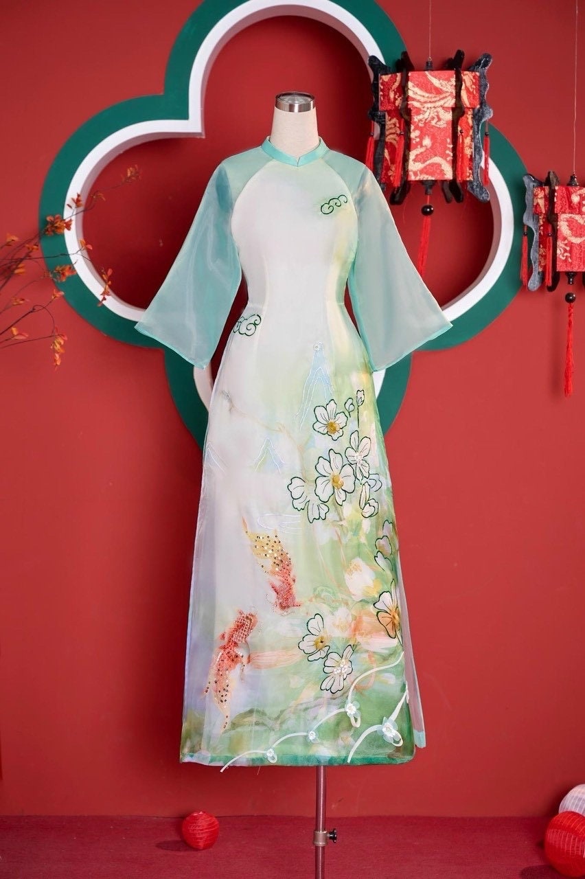 Vietnamese aodai SongNgu green, pants included