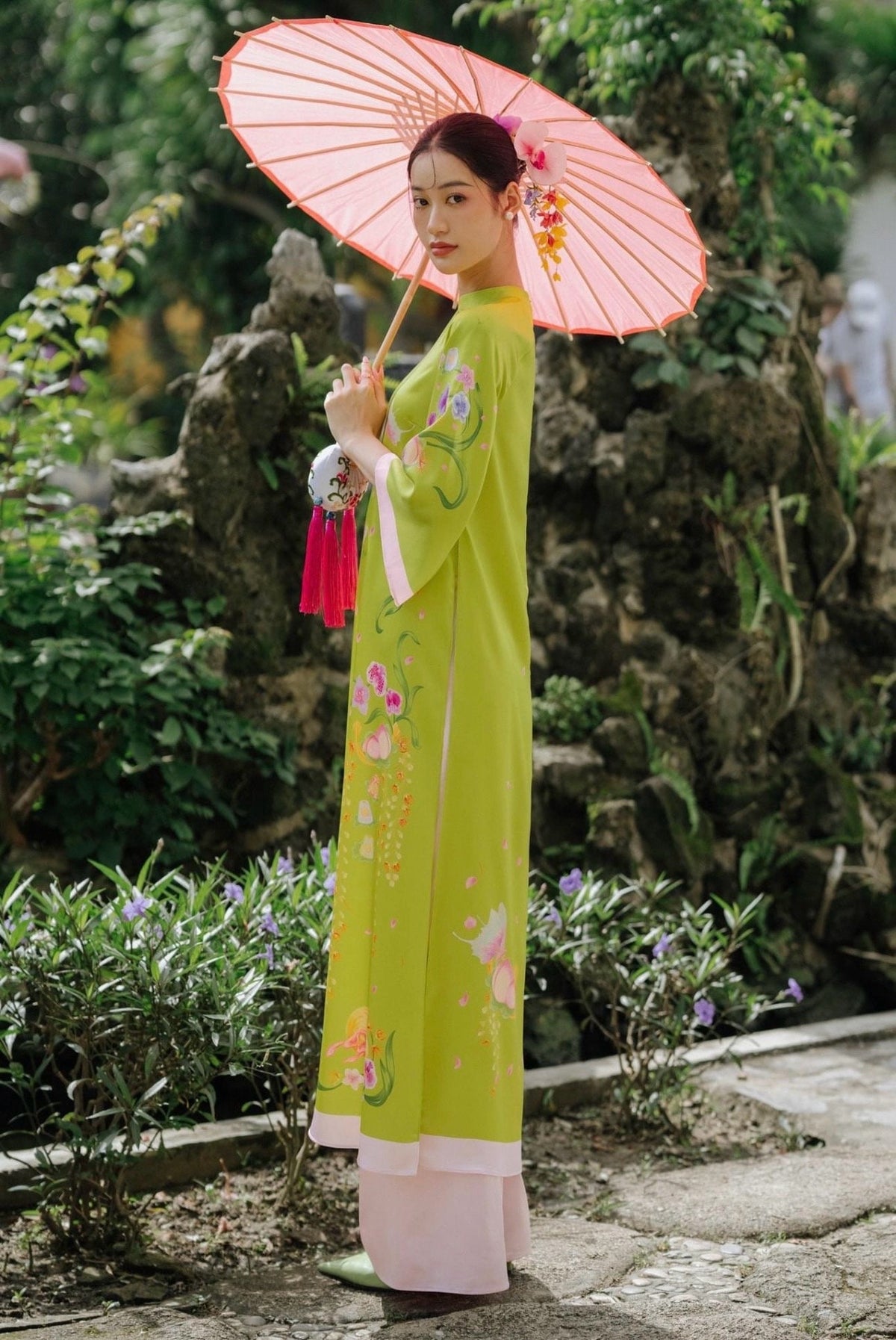 XuanChi Vietnamese ao dai yellow-green, pants included