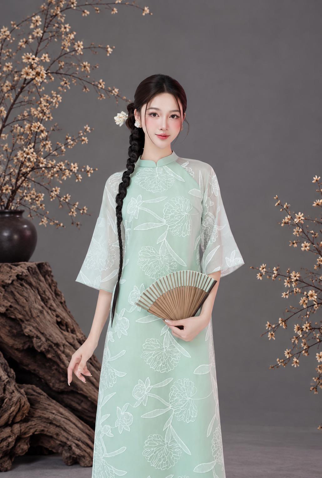 NgocHa Vietnamese ao dai embroidery mint green, pants included