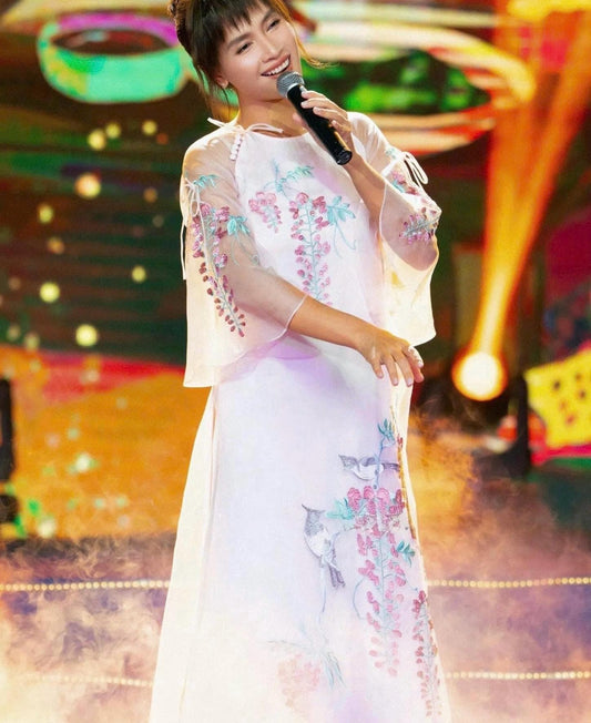 Vietnamese ao dai Vanny aodai pale pink embroidery, pants included