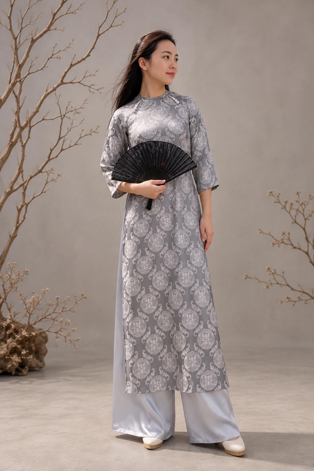ThoXam Vietnamese aodai gray, pants included