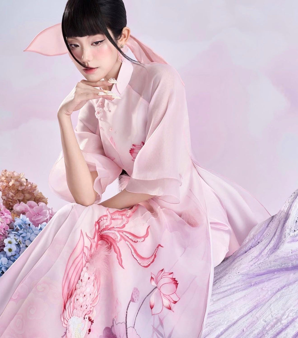 LKHac Vietnamese ao dai embroidery beaded pale pink aodai, pants included