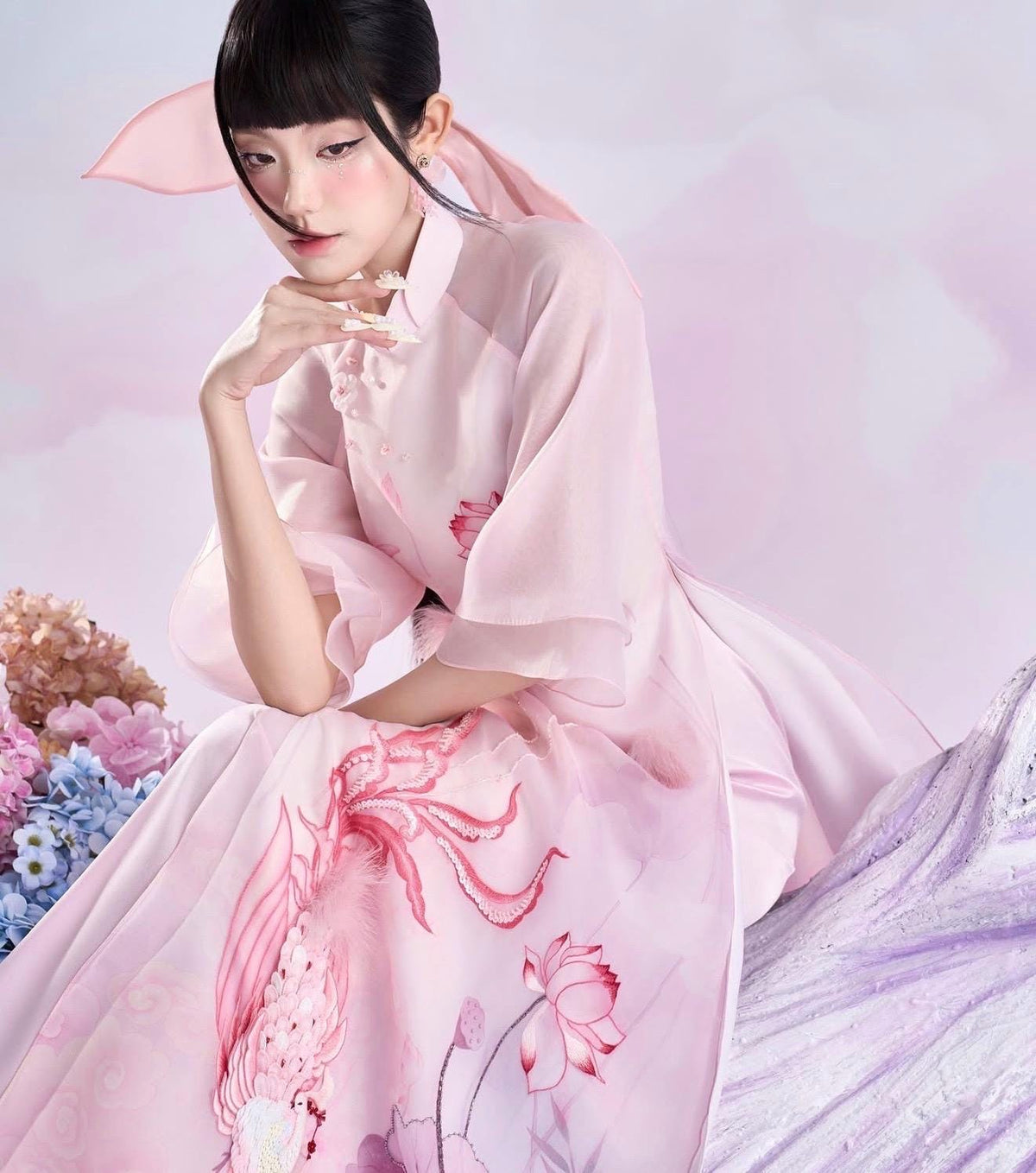 LKHac Vietnamese ao dai embroidery beaded pale pink aodai, pants included