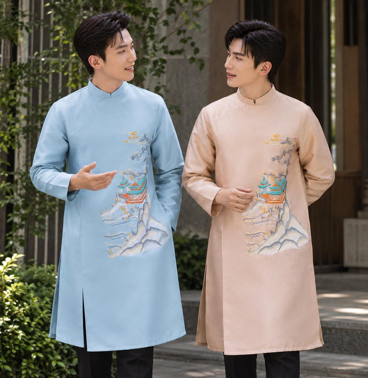 Temly Vietnamese aodai for men blue/ nude