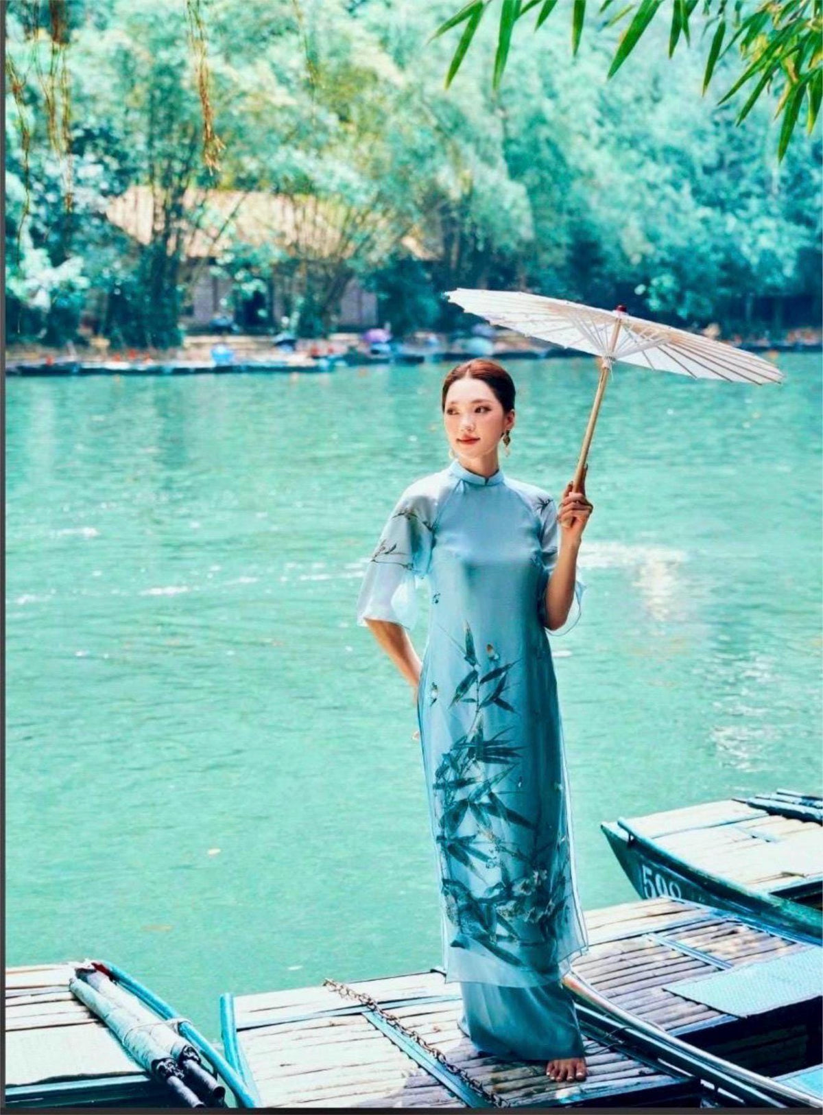TrucHy Vietnamese ao dai ivory and blue, pants included