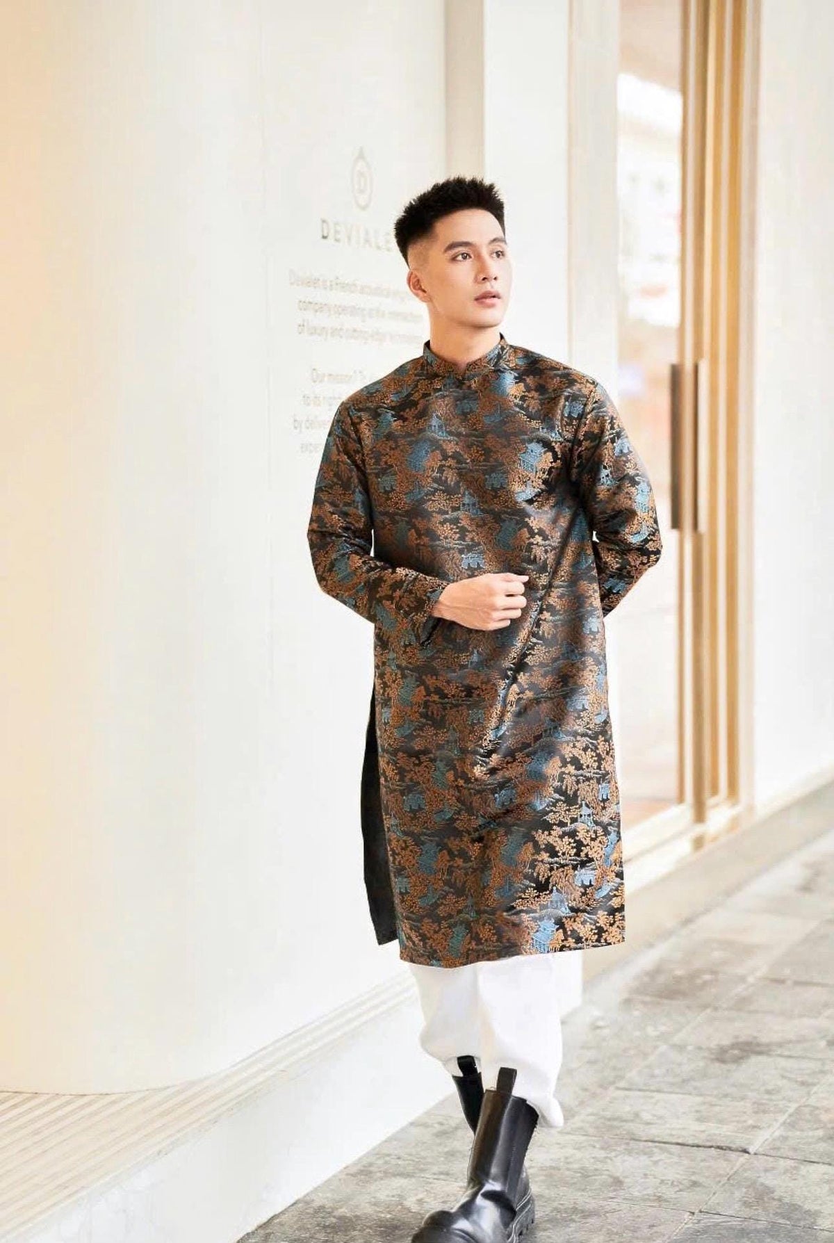 ThuyMac Vietnamese aodai for men tafta red, golden, black, cream