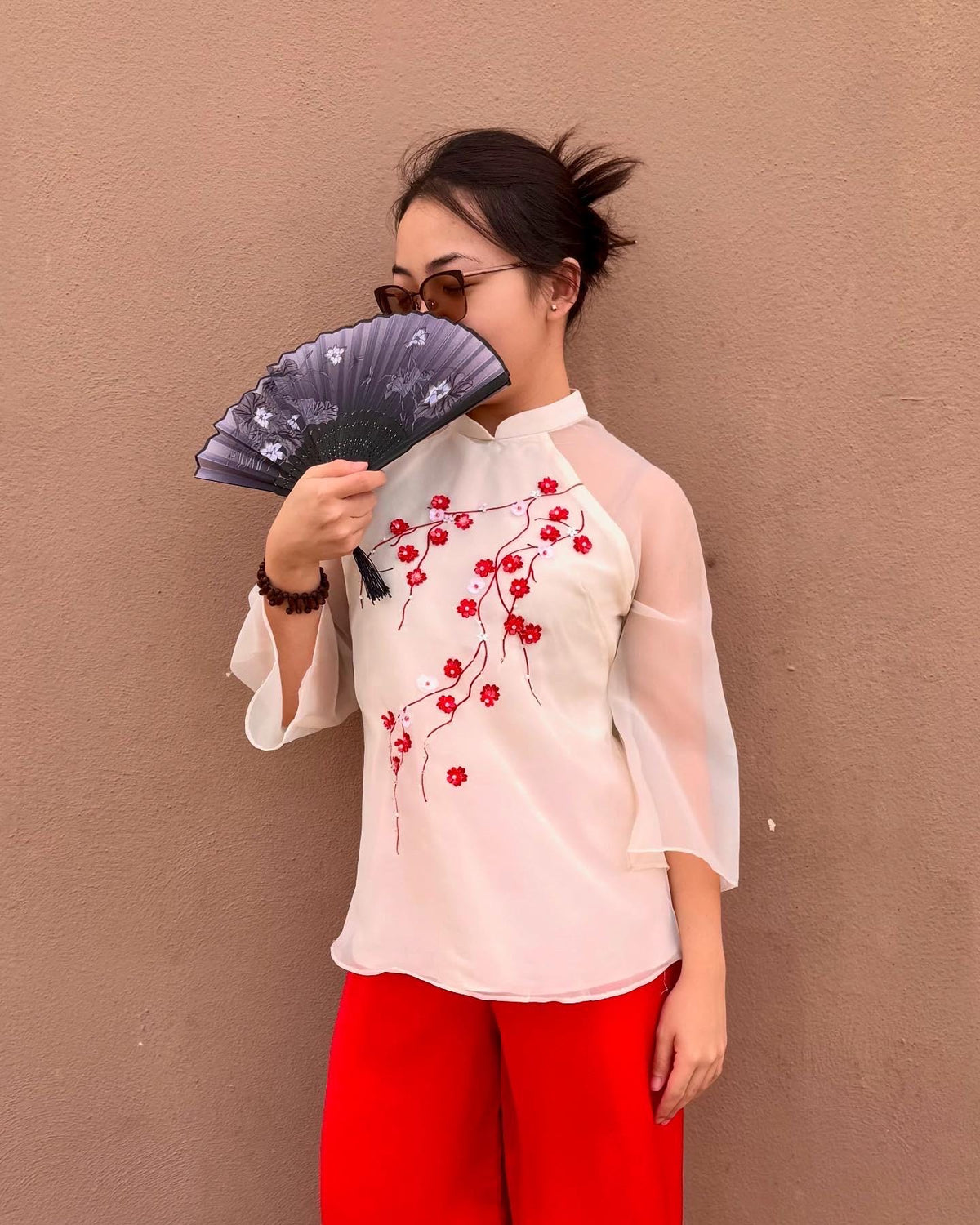 Set of Vietnamese Phap phuc cream embroidery, pants included
