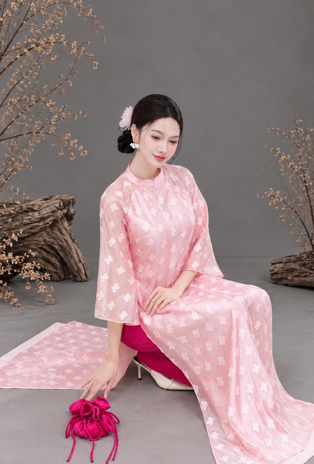 Clover Vietnamese ao dai pink, pants included