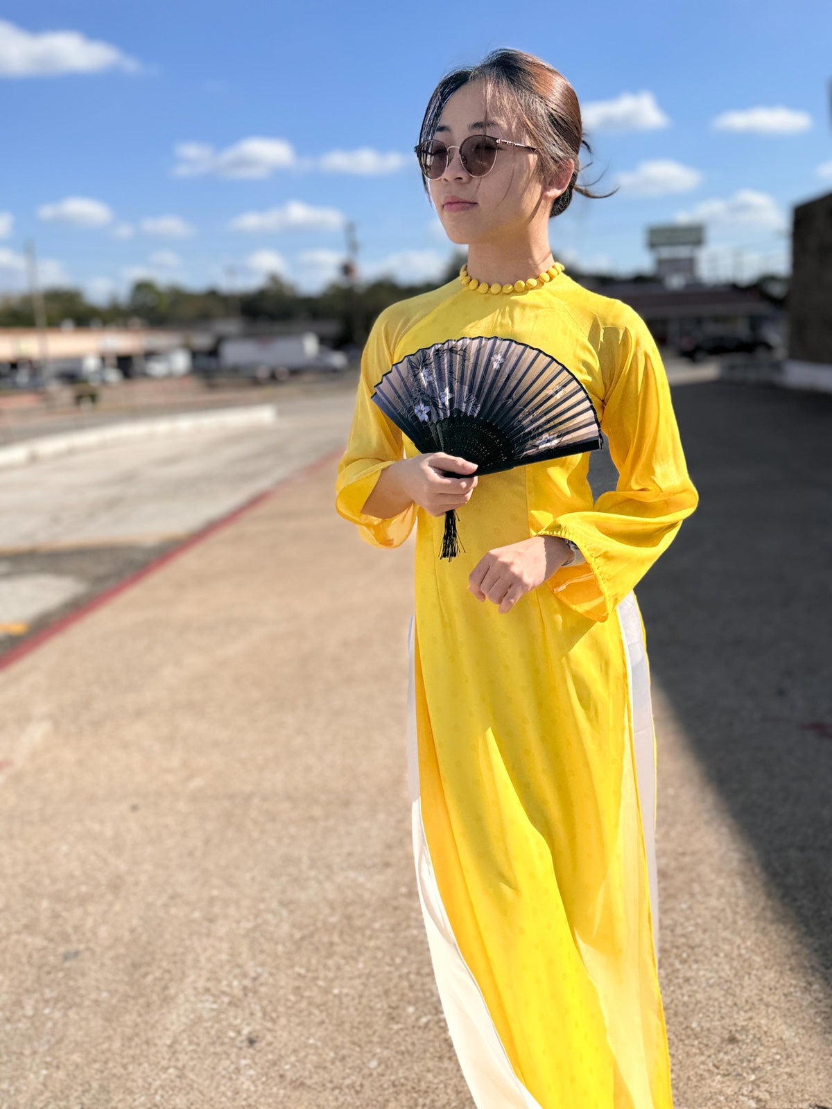 Vietnamese ao dai PolkaDot yellow, pants included