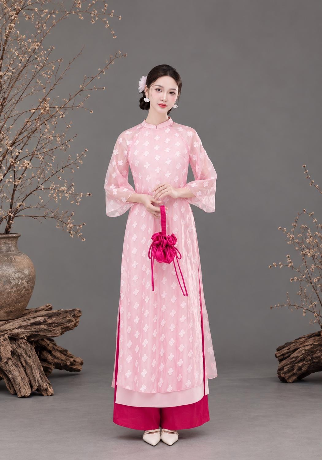 Clover Vietnamese ao dai pink, pants included